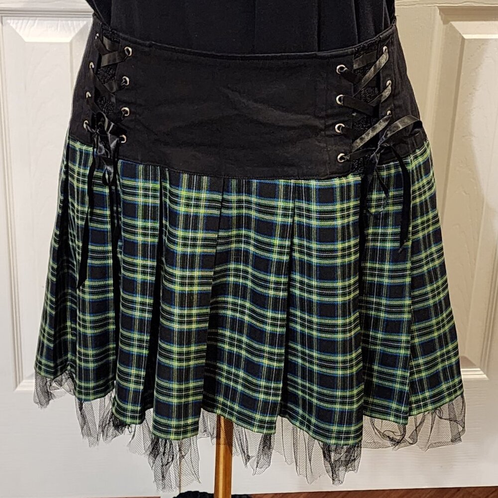 NWT - TRIPP Gothic style plaid pleated skirt with corset & lace details